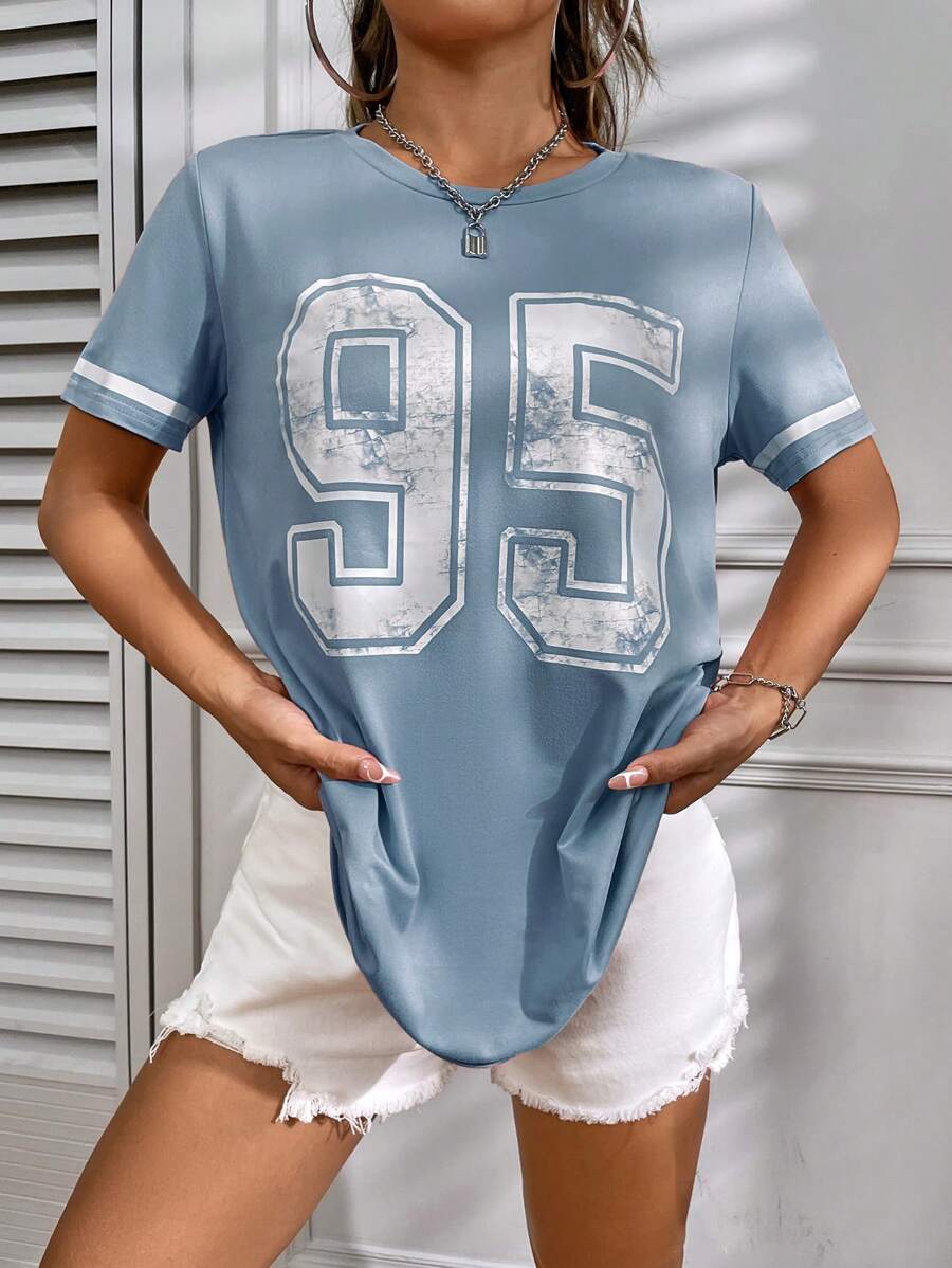 SHEIN EZwear 數字圖案拼接邊T恤 - 藍色 - 查看 1