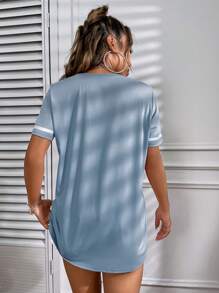 SHEIN EZwear 數字圖案拼接邊T恤 - 藍色 - 查看 2