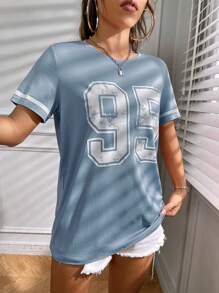 SHEIN EZwear 數字圖案拼接邊T恤 - 藍色 - 查看 6