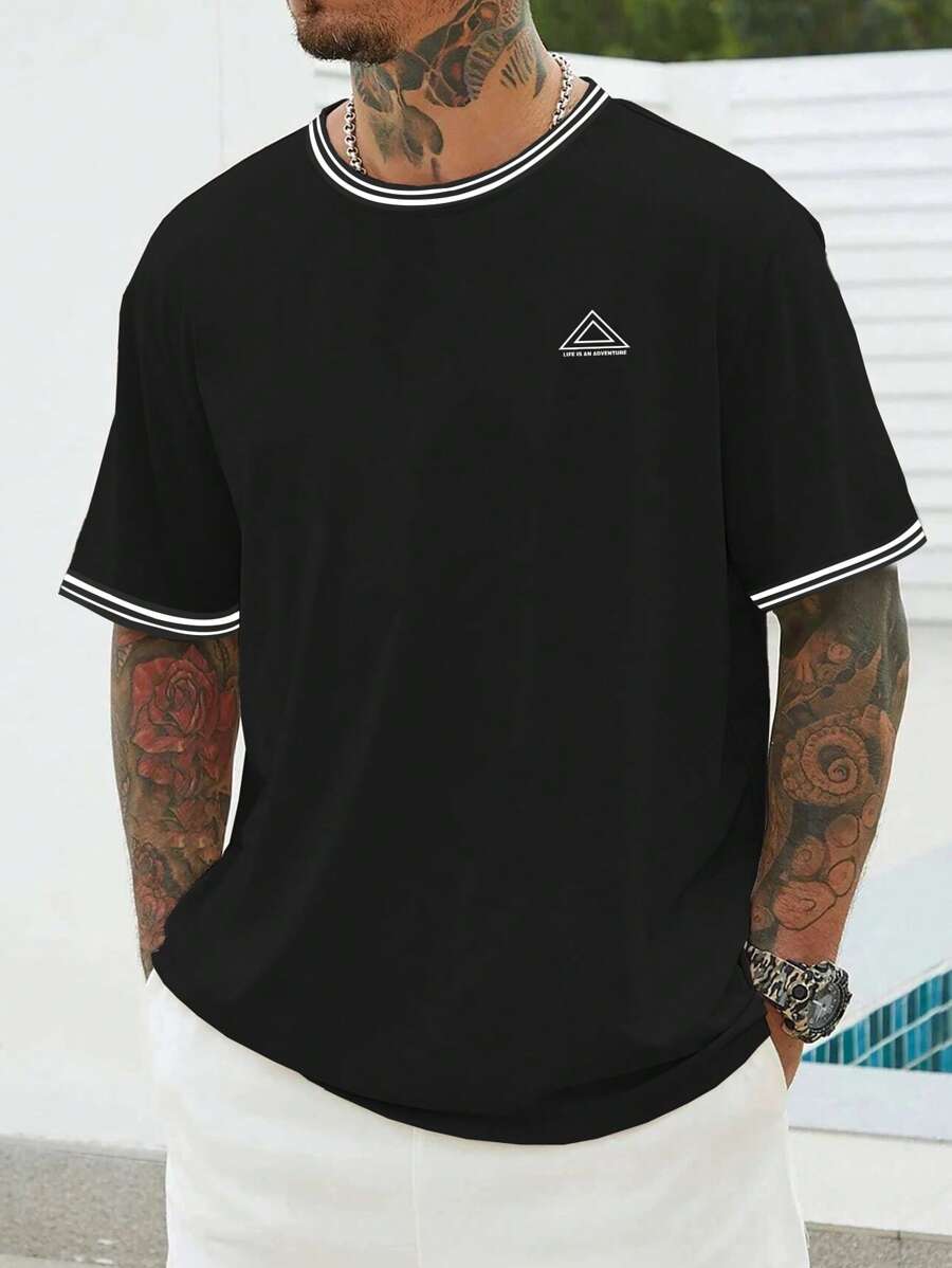 Manfinity Homme 男士幾何印花條紋飾邊T恤 - 黑色 - 查看 1