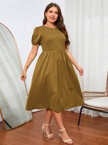 SHEIN Unity Plus Solid Puff Sleeve A-line Dress - Brown - View 1