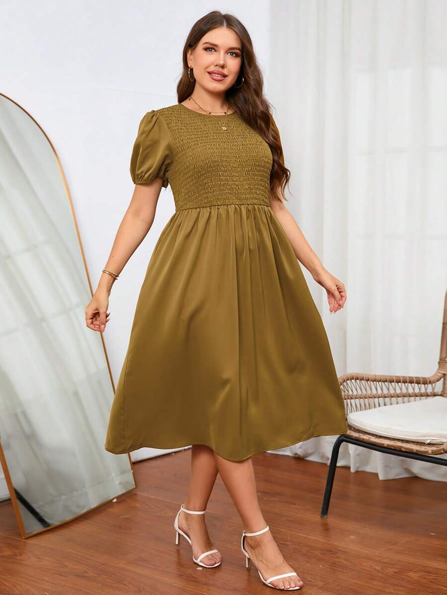 SHEIN Unity Plus Solid Puff Sleeve A-line Dress - Brown - View 1