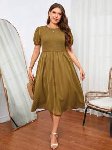 SHEIN Unity Plus Solid Puff Sleeve A-line Dress - Brown - View 3