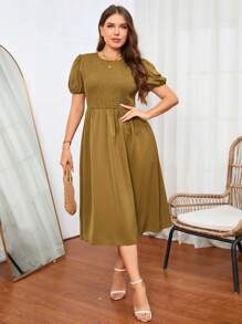 SHEIN Unity Plus Solid Puff Sleeve A-line Dress - Brown - View 4