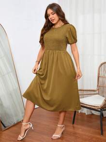 SHEIN Unity Plus Solid Puff Sleeve A-line Dress - Brown - View 5