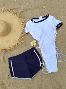 DAZY Contrast Trim Lace Up Side One Piece Swimsuit & Beach Shorts - Blue and White - View 3