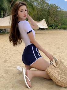 DAZY Contrast Trim Lace Up Side One Piece Swimsuit & Beach Shorts - Blue and White - View 5