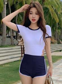 DAZY Contrast Trim Lace Up Side One Piece Swimsuit & Beach Shorts - Blue and White - View 6