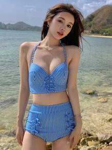 DAZY Striped Print Tie Front Bikini Set Summer Beach - Blue and White - View 1
