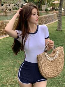 DAZY Contrast Trim Lace Up Side One Piece Swimsuit & Beach Shorts - Blue and White - View 9