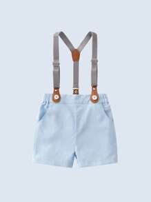 男嬰素色斜口袋背帶短褲 - 淺藍色 - 查看 1