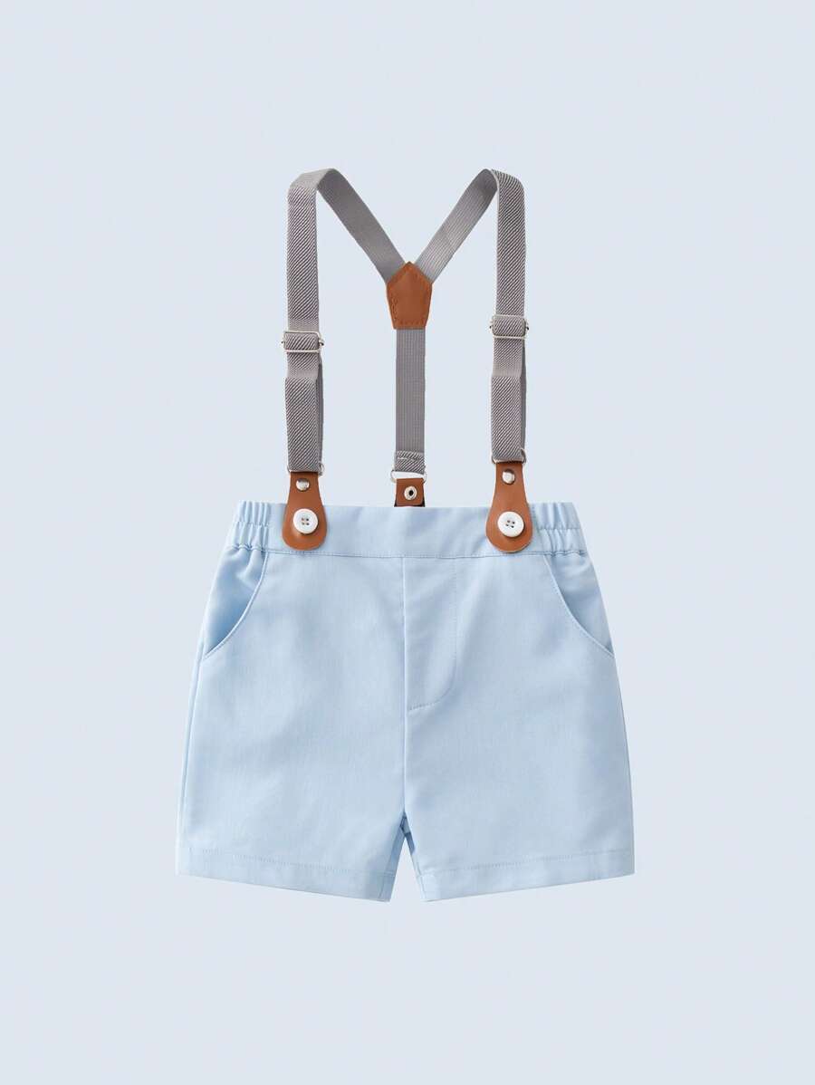 男嬰素色斜口袋背帶短褲 - 淺藍色 - 查看 1