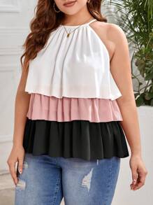 SHEIN VCAY Áo hai dây Plus Size phân lớp Khối Màu Giải trí - màu đen - Xem 3