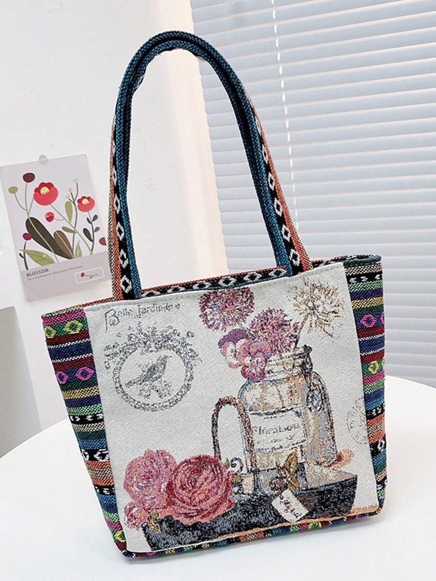 Vintage Small Shopper Bag Graphic Pattern Colorblock - Pink - View 1