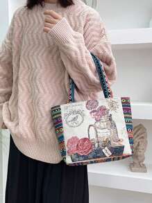 Vintage Small Shopper Bag Graphic Pattern Colorblock - Pink - View 2