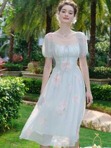 Floral Print Tie Front Ruched Bust Puff Sleeve Dress - Mint Green - View 1