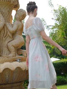 Floral Print Tie Front Ruched Bust Puff Sleeve Dress - Mint Green - View 2