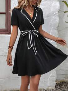 SHEIN VCAY 撞色滾邊繫腰帶連衣裙 - 黑色 - 查看 4