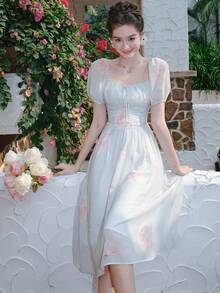 Floral Print Tie Front Ruched Bust Puff Sleeve Dress - Mint Green - View 3