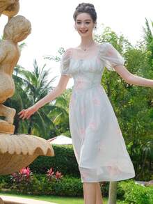 Floral Print Tie Front Ruched Bust Puff Sleeve Dress - Mint Green - View 4