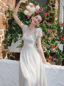 Floral Print Tie Front Ruched Bust Puff Sleeve Dress - Mint Green - View 7