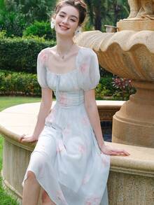 Floral Print Tie Front Ruched Bust Puff Sleeve Dress - Mint Green - View 8