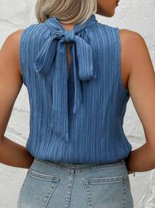 SHEIN LUNE Áo sơ mi nữ Nút Buộc lại màu trơn Giải trí - Màu xanh lam - Xem 4