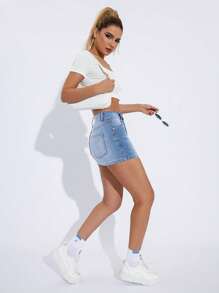 SHEIN ICON Bodycon Denim Skirt - Medium Wash - View 3