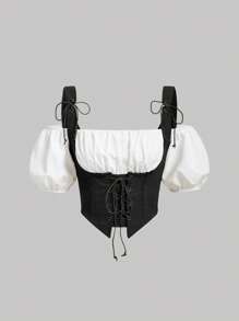 SHEIN MOD 2 In 1 Lace Up Front Ruched Bust Bandana Hem Crop Top - Black and White - View 1