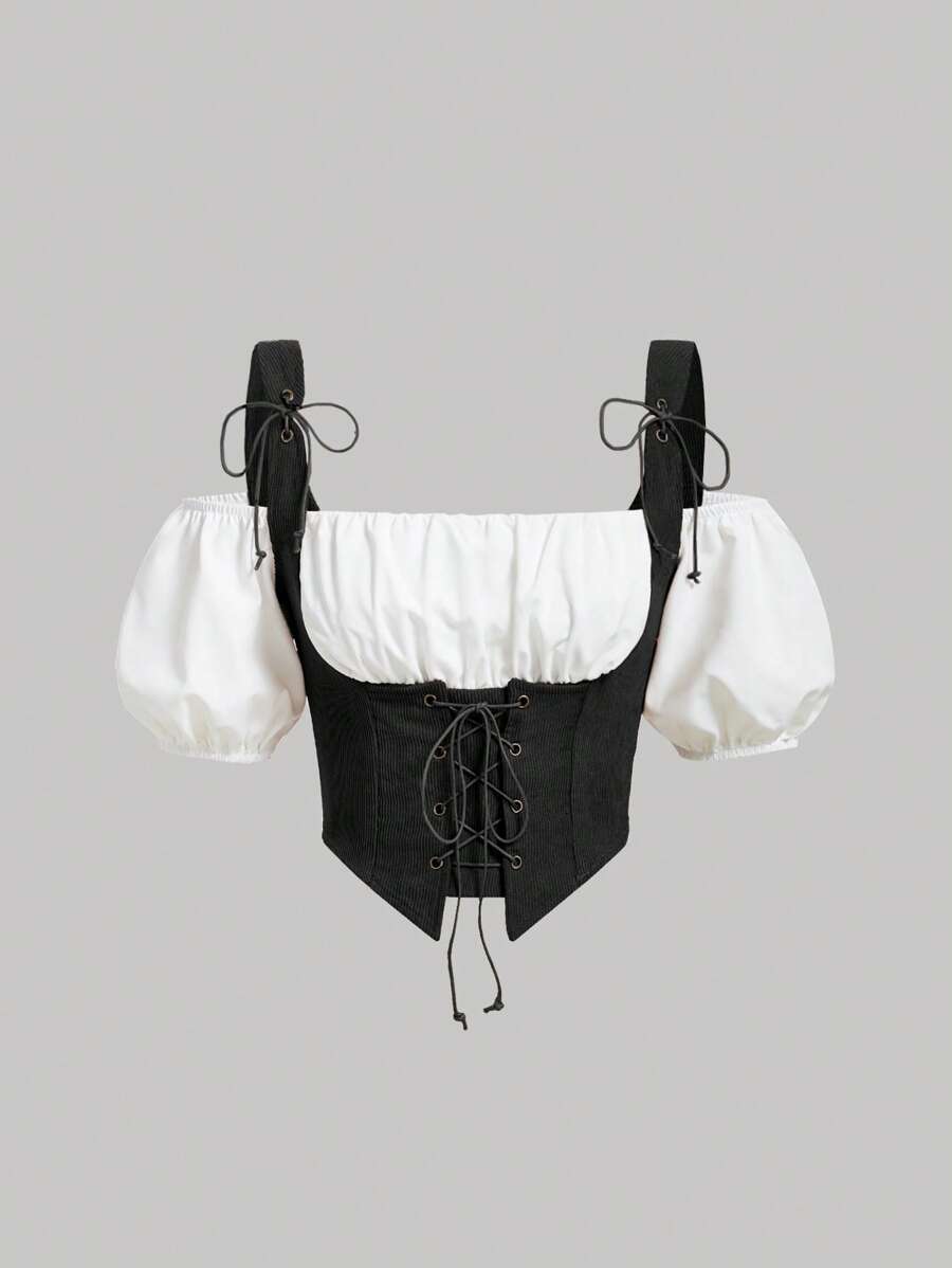 SHEIN MOD 2 In 1 Lace Up Front Ruched Bust Bandana Hem Crop Top - Black and White - View 1