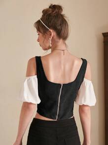 SHEIN MOD 2 In 1 Lace Up Front Ruched Bust Bandana Hem Crop Top - Black and White - View 5