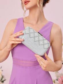 SHEIN Belle Bolso caja mini con diseño de diamante de imitación - Plateado - Ver 3