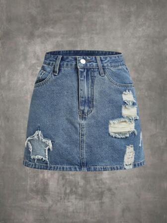 Grunge Punk Ripped Denim Skirt
