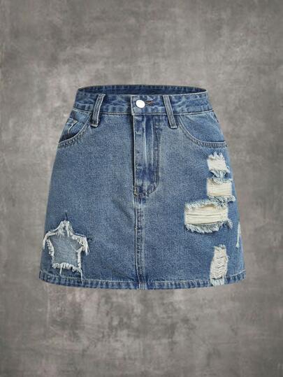 Grunge Punk Ripped Denim Skirt
