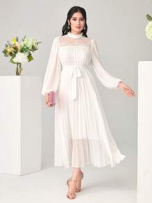 Modelyn 高领灯笼袖系带百褶下摆连衣裙长款晚礼服 - 白色 - 查看 5