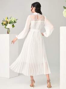 Modelyn 高领灯笼袖系带百褶下摆连衣裙长款晚礼服 - 白色 - 查看 6