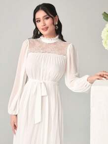 Modelyn 高领灯笼袖系带百褶下摆连衣裙长款晚礼服 - 白色 - 查看 9