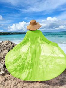 Neon Lime Tie Front Ruffle Hem Kimono - Green - View 2