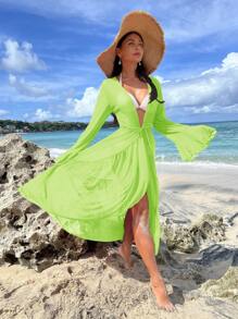 Neon Lime Tie Front Ruffle Hem Kimono - Green - View 4