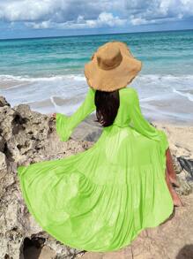 Neon Lime Tie Front Ruffle Hem Kimono - Green - View 5