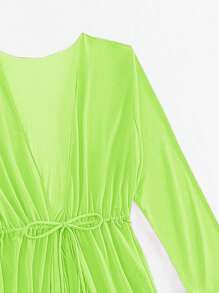Neon Lime Tie Front Ruffle Hem Kimono - Green - View 8