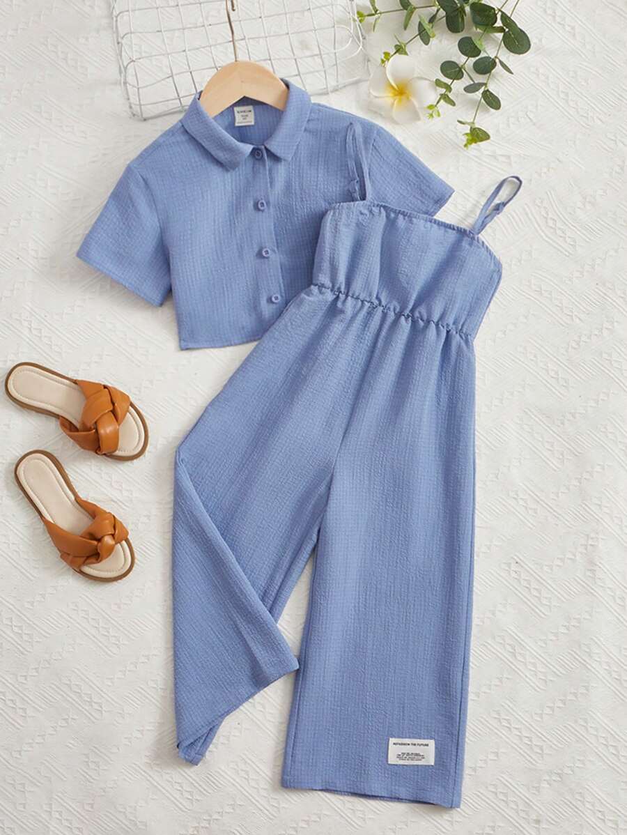 SHEIN Cô Gái Trẻ Chất rắn Áo sơ mi & Thư được vá Bộ áo liền quần Cami - Màu xanh lam - Xem 1