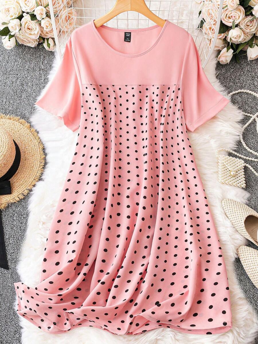 SHEIN LUNE Đầm Plus Size Chấm bi Dễ thương - Màu Hồng baby - Xem 1