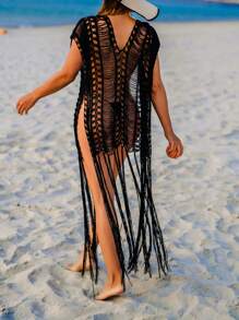 Hollow Out Fringe Hem Crochet Kimono - Black - View 1