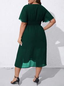 SHEIN Clasi Plus Solid V Neck A-line Dress - Dark Green - View 2