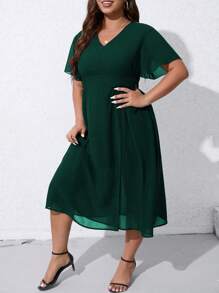 SHEIN Clasi Plus Solid V Neck A-line Dress - Dark Green - View 3