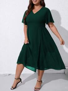 SHEIN Clasi Plus Solid V Neck A-line Dress - Dark Green - View 4