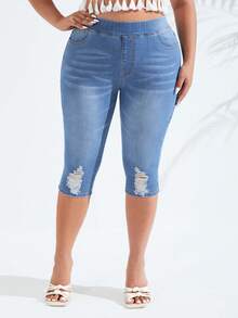 SHEIN SXY 大碼高腰緊身七分牛仔褲 - 淺色水洗藍 - 查看 2
