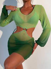 實心三角形夏季沙灘比基尼套裝，附遮陽衣 - 綠色 - 查看 1