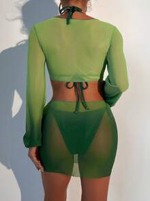 實心三角形夏季沙灘比基尼套裝，附遮陽衣 - 綠色 - 查看 2